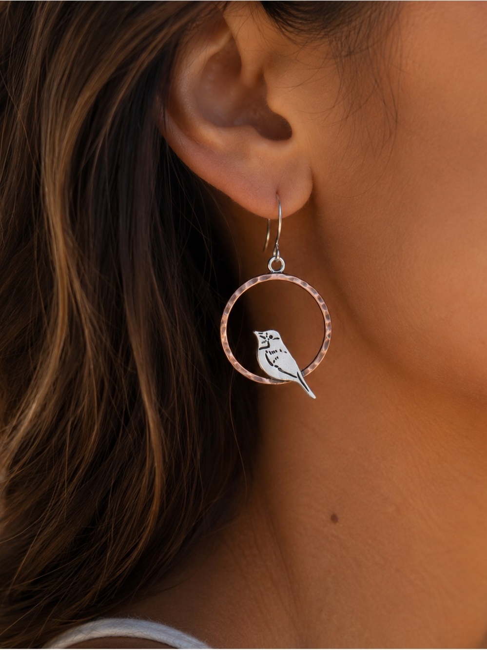 Bird Hoop Earrings • Rustic Copper & Silver Dangle Earrings